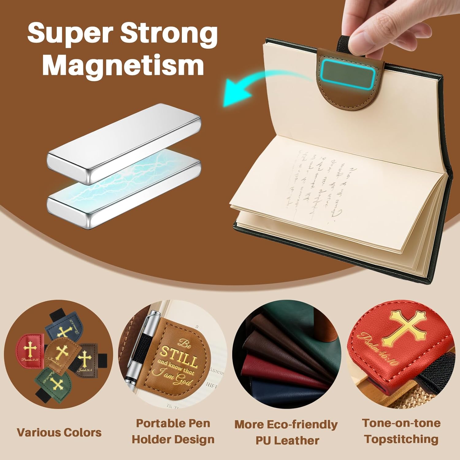 Personalized Bygone Mark Bookmark with Pen Holder-Magnetic Leather Bookmarks with Bible Verses,Custom Book Marks for Christian,Women,Men, Book Lovers, Readers,Church(Red,Joshua 1:9) - Image 4