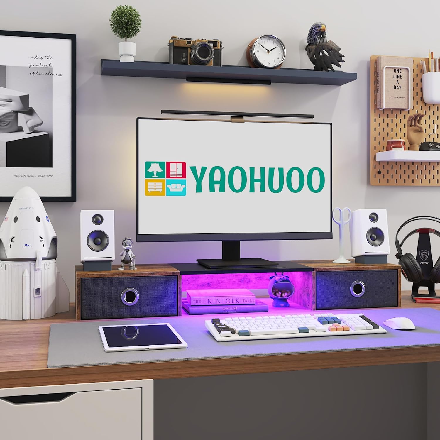 YAOHUOO Dual Monitor Stand with 2 Drawers, Computer Monitor Riser for 2 Monitors, Large Desktop Organzier with Storage for PC/Laptop/Computer/TV Screen/Printer (Brown)