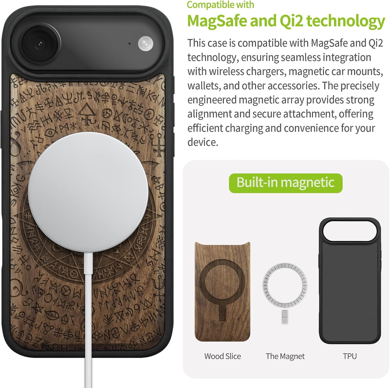 Carveit Magnetic Wooden Case for iPhone Air Case, Wood Artisan Engraved & Soft TPU Shockproof Cover, Compatible with MagSafe 17 Air Wireless Chargers (Bat and Skull) Walnut