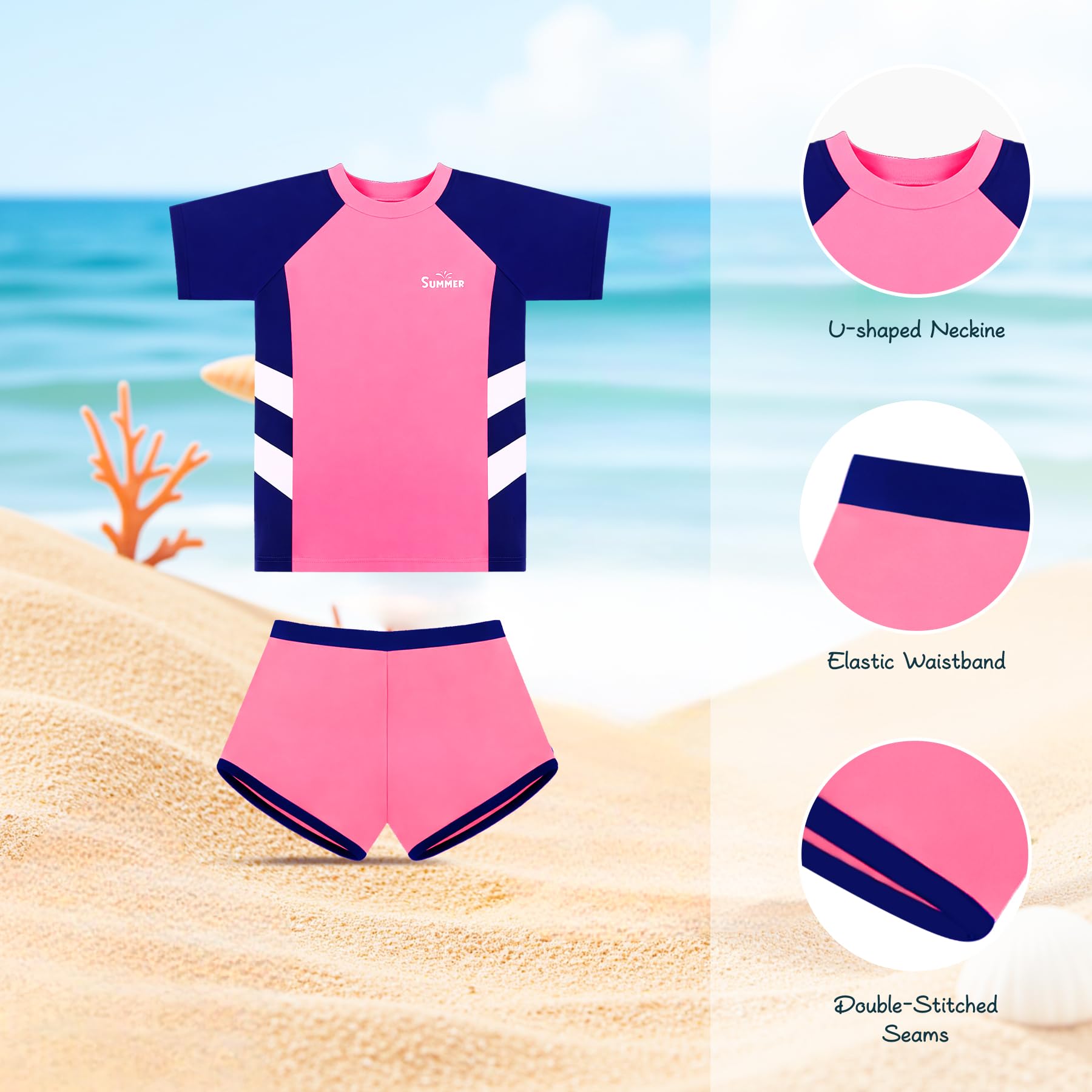 Conjunto de Baño Niña 2 Piezas, Camiseta de Natación de Manga Corta y Short, Ropa de Playa Infantil para Piscina y Playa, 6–14 Años