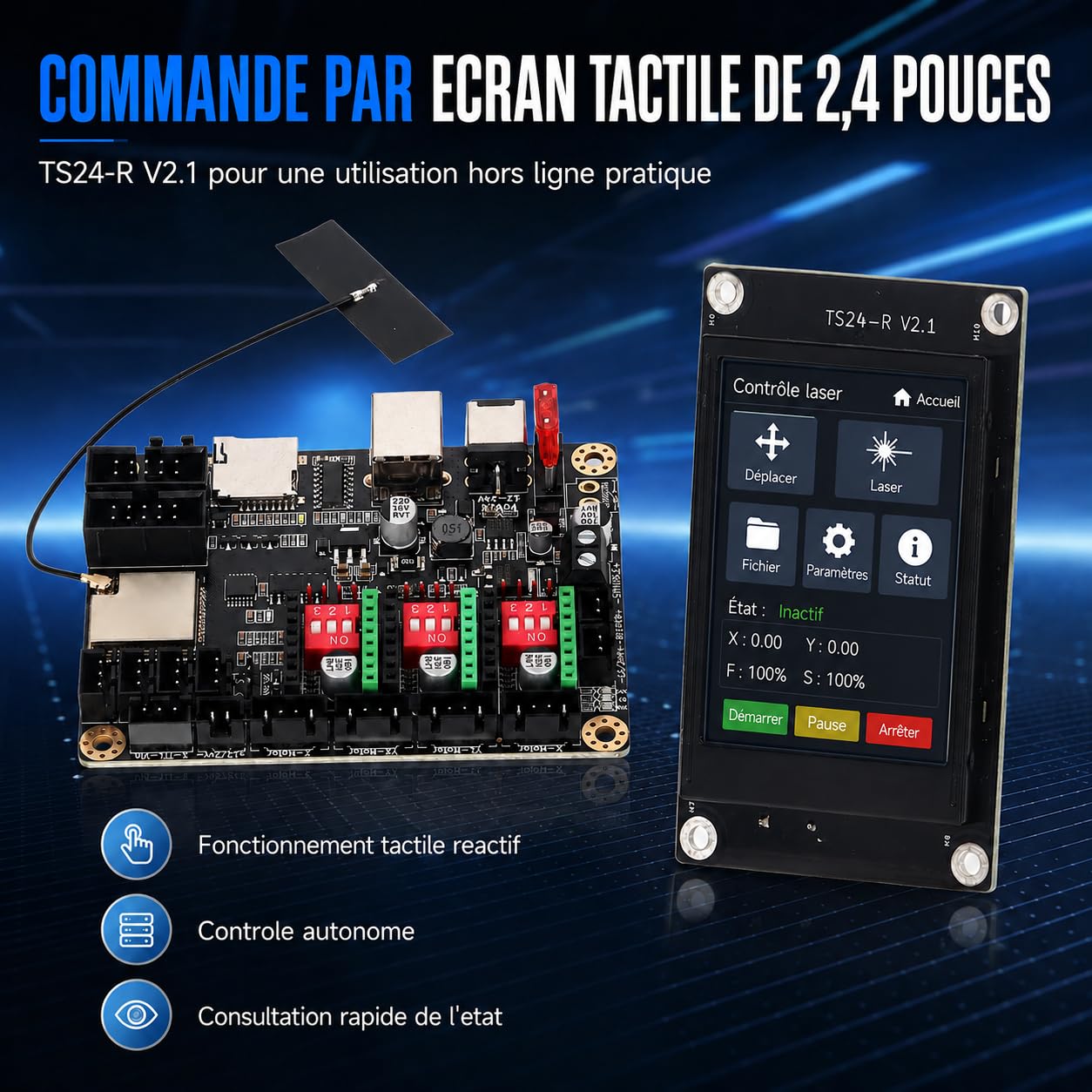 Carte Mère De Machine De Gravure, Carte de Contrôle D'imprimante 3D 12-24V DC MKS DLC32 V2.1 Contrôle Hors Ligne WiFi 32 Bits avec écran Tactile TS24-R V2.1 De 2,4 Pouces