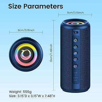 Portable Bluetooth Speaker, 2026 Bluetooth 5.4 Wireless Speaker with 20W HD Loud Stereo Sound, 20H Playtime, LED Lights, IP7, TWS Pairing, Built-in Mic, for Outdoor, Home, Beach, Party, Gift, Blue