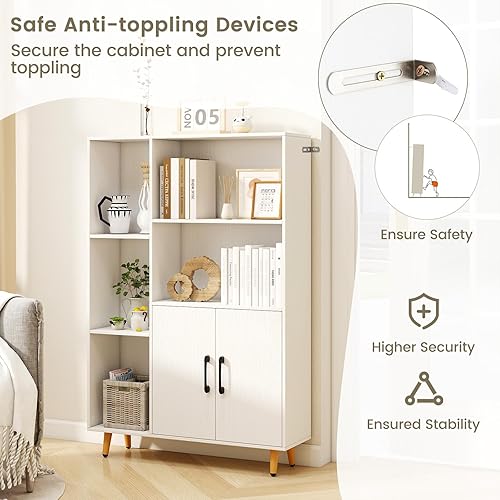 Miniatura 5 de Giantex Gabinete de almacenamiento de 47 pulgadas, estantería con 2 puertas, 5 estantes abiertos, patas de metal y kits antipuntas, vitrina lateral,