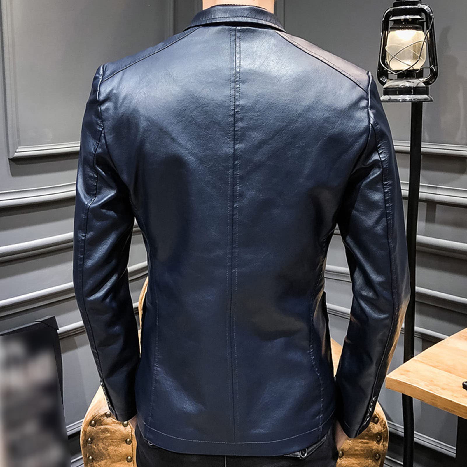 Faux Leather Blazer for Men Stylish 2 Button Moto Leather Suit Jacket Casual Regular Fit Business Sports Coat (Blue,5X-Large)