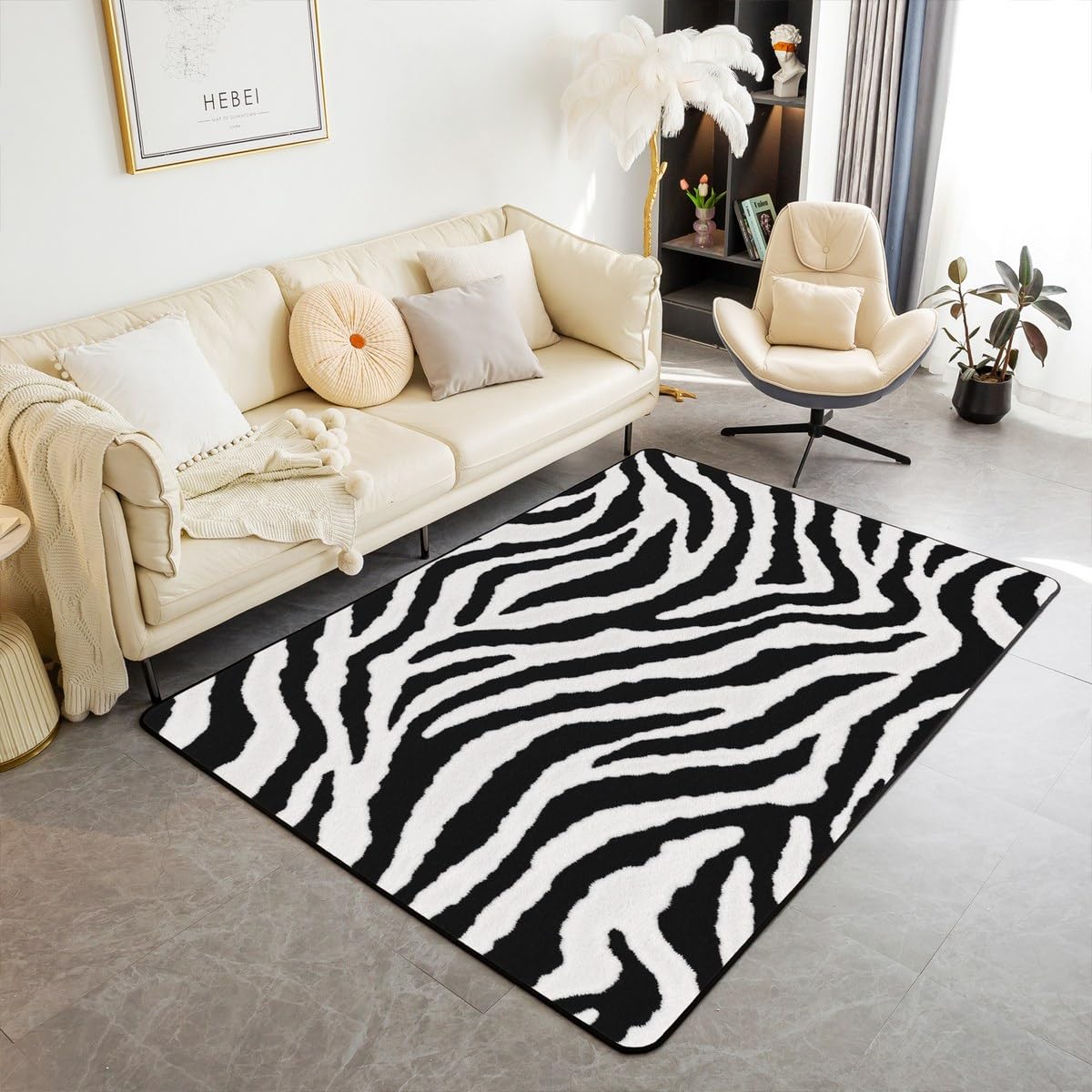 Castle Fairy Zebra Stripes Decorative Rug 5x6'6'',Black White Animal Skin Print Indoor Floor Mat for Playroom Bedside Sofa Bedroom,African Wildlife Western Animals Non Shedding Rug (No Real Fur)