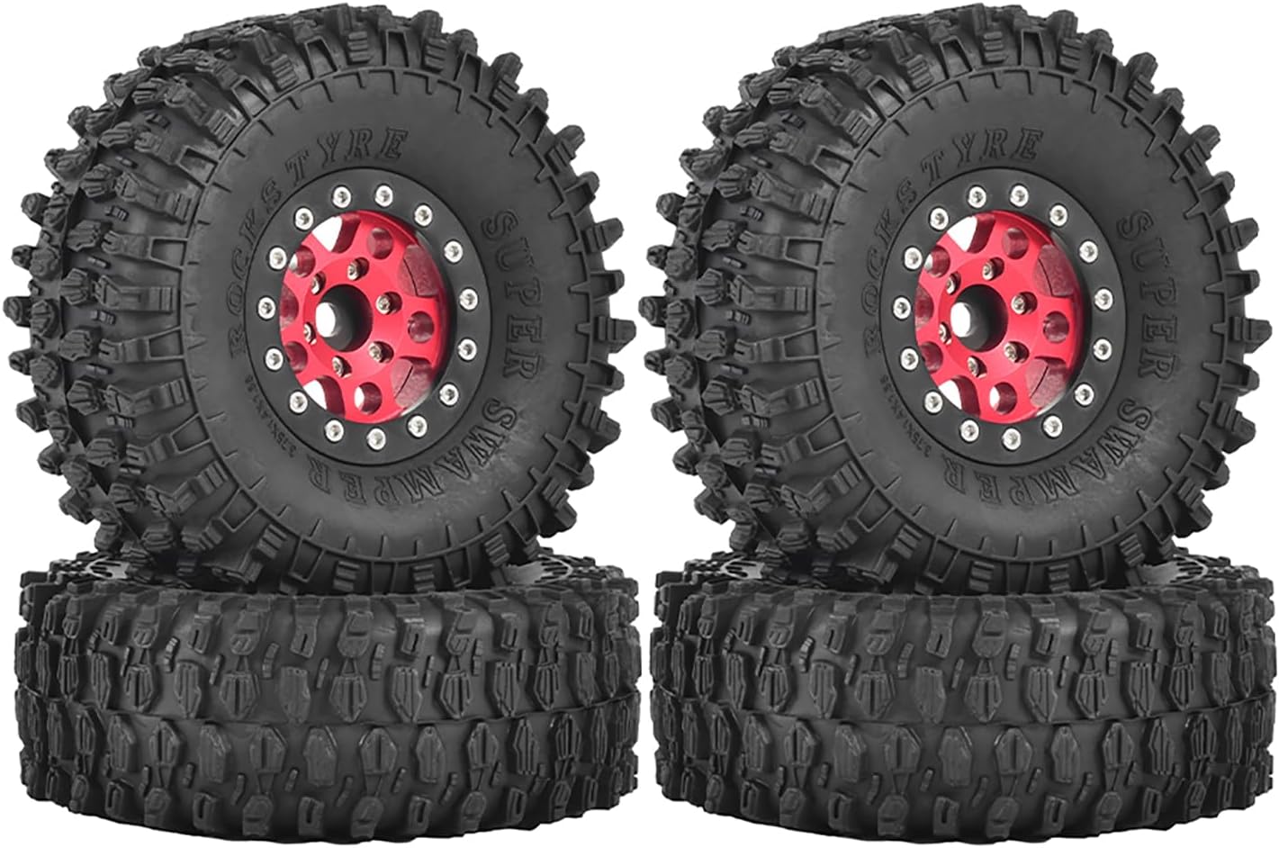 4PCS 1.55 inch Aluminum Metal Beadlock Wheels Rim and 95mm All Terrain Rubber Tires for 1/10 1/12 RC Rock Crawler Car for Axial AX90069 D90 TF2 Tamiya LC70 JIMNY UTB18(5Spoke,Red)