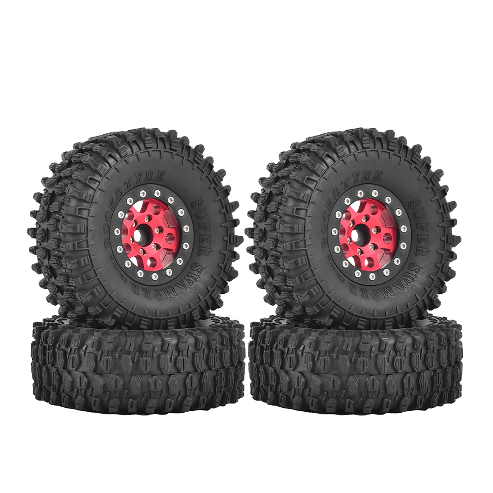 KINGCOO 4PCS 1.55Inch Aluminum Alloy Metal 5Spoke Beadlock Wheel Rims and Rubber Tires Set for 1/10 RC Rock Crawler Car for Axial AX90069 UTB18 D90 TF2 Tamiya Upgrade Parts (Red, 95MM-A)