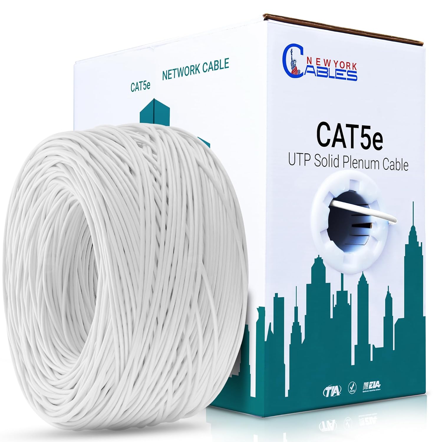 NewYork Cables Cat5e Plenum Cable 1000ft | Quality Test Passed High Bandwidth, Solid 24AWG 350MHz Ethernet Cat 5e Cable Bulk cat 5e Ethernet Cable 1000ft, (UTP) Unshielded Twisted Pair