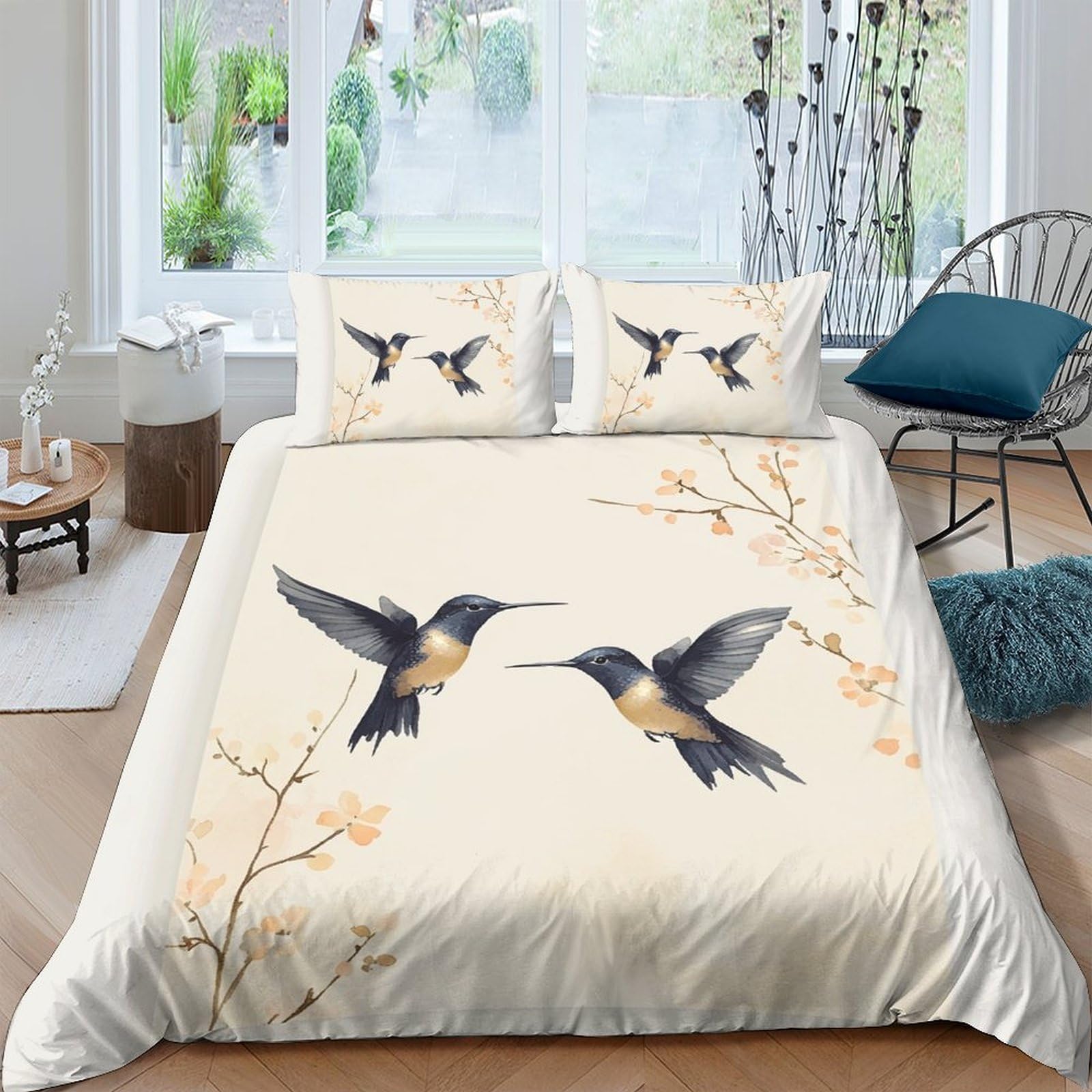 Ctjqhvkz Style-4 3D Printed Hummingbird Floral Fitted Sheet Microfiber Soft Beige Bird Bed Cover For Bedroom Guest Room Decoration Single（135X200cm）