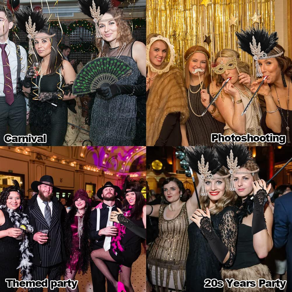 1920er Jahre Flapper Accessoire Set Für Damen - Stirnband, Ohrringe, Handschuhe, Perlenkette & Halter, Gatsby Party Kostümzubehör