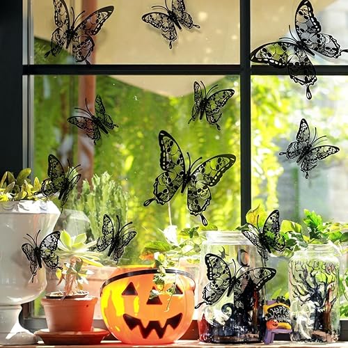 Miniatura 2 de 12 calcomanías de pared de mariposa, 3D de doble capa, diseño de mariposas de calavera de doble capa, decoración de pared de Halloween, diseño