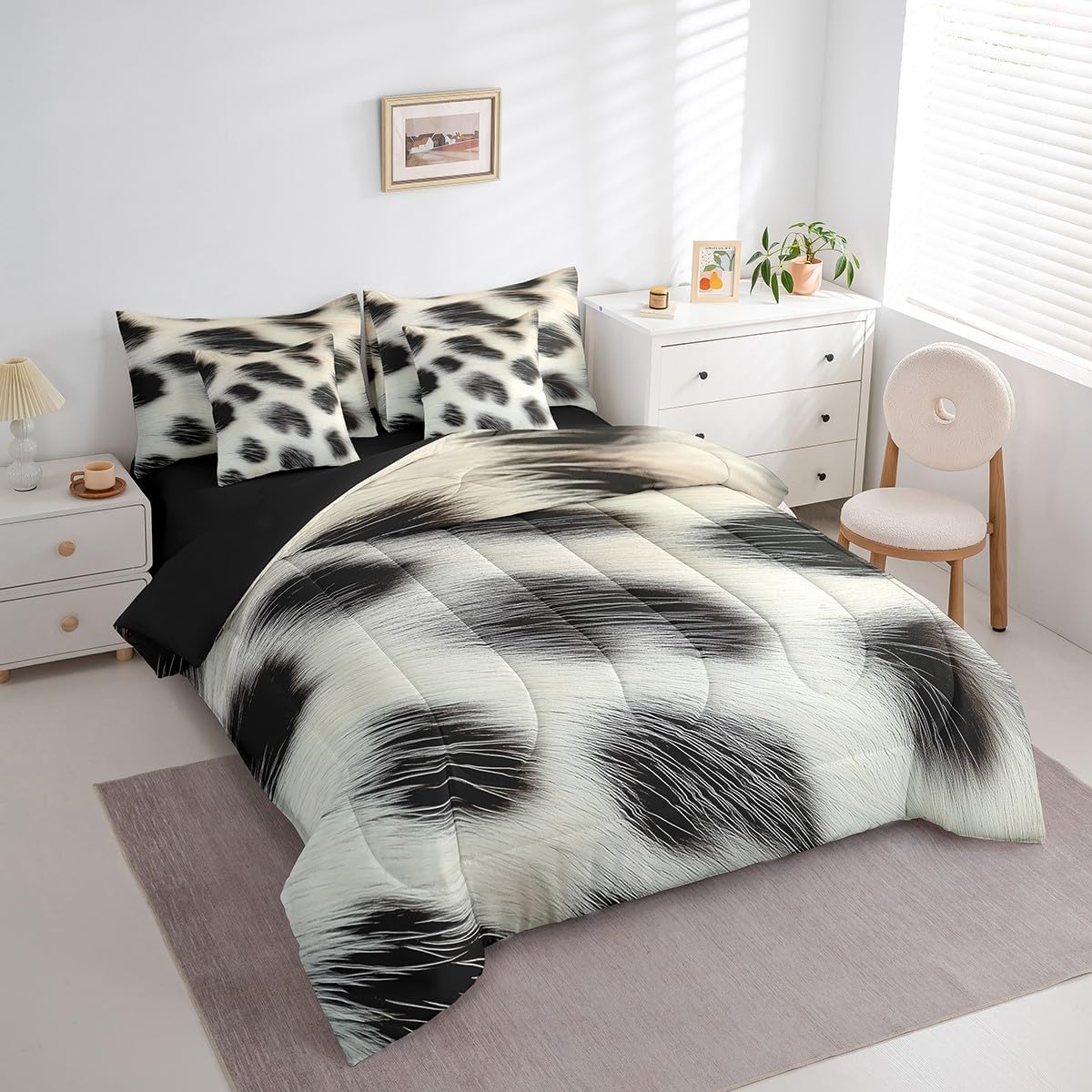 Erosebridal Cowhide Comforter Set Queen Size for Boys Cute Cow Print Bedding Set 7 Piece Western Cowboy Bed in A Bag for Kids Teens Youth Women Room Farmhouse Animal Hair Sheets, Breathable