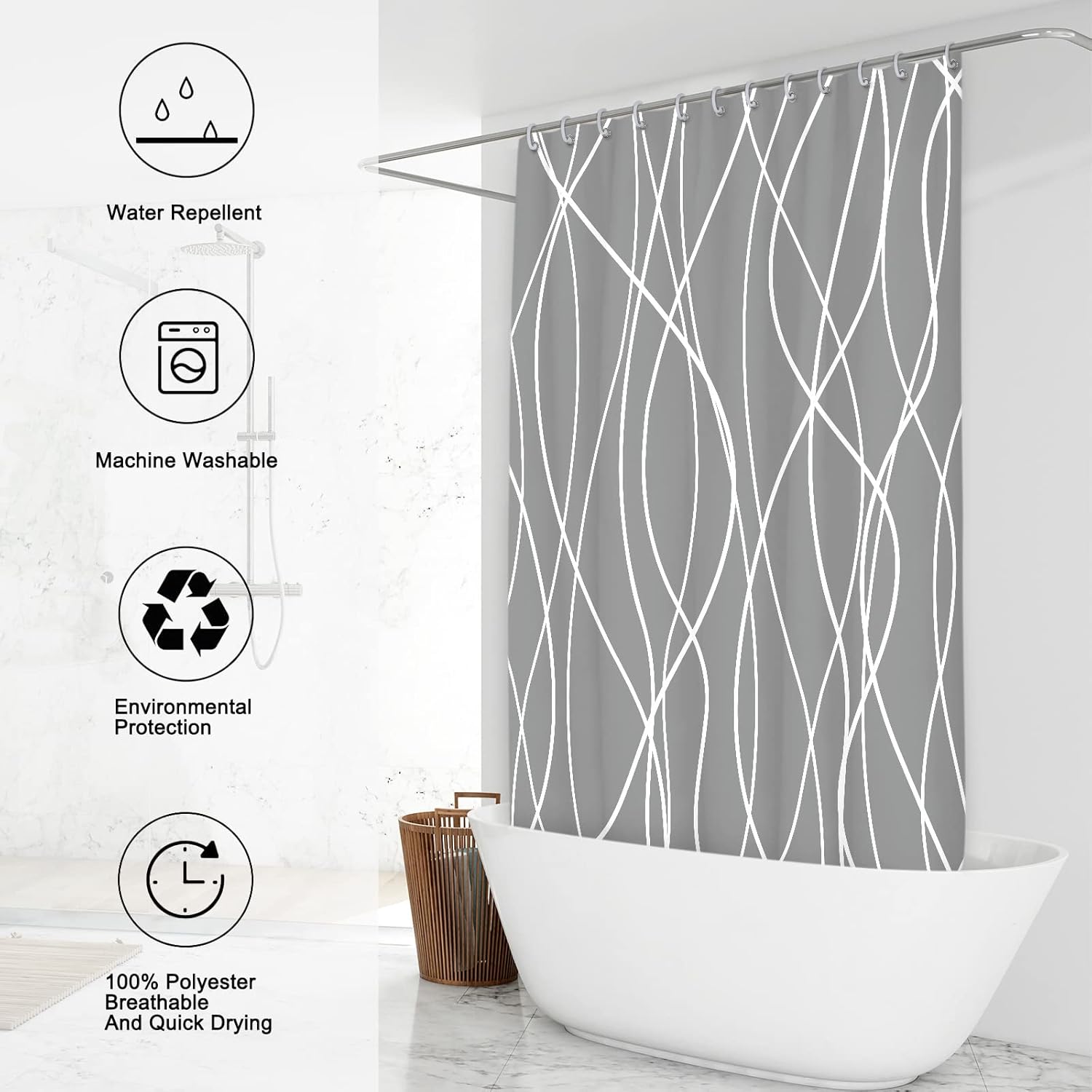 Punkray Dark Grey Shower Curtain for Bathroom with Hooks Shower Curtain Set, White Stripe Bath Curtains Decorative Shower Curtains Water Repellent Washable, 72 x 72 Charcoal Grey 72"W x 72"L (Pack of 1)