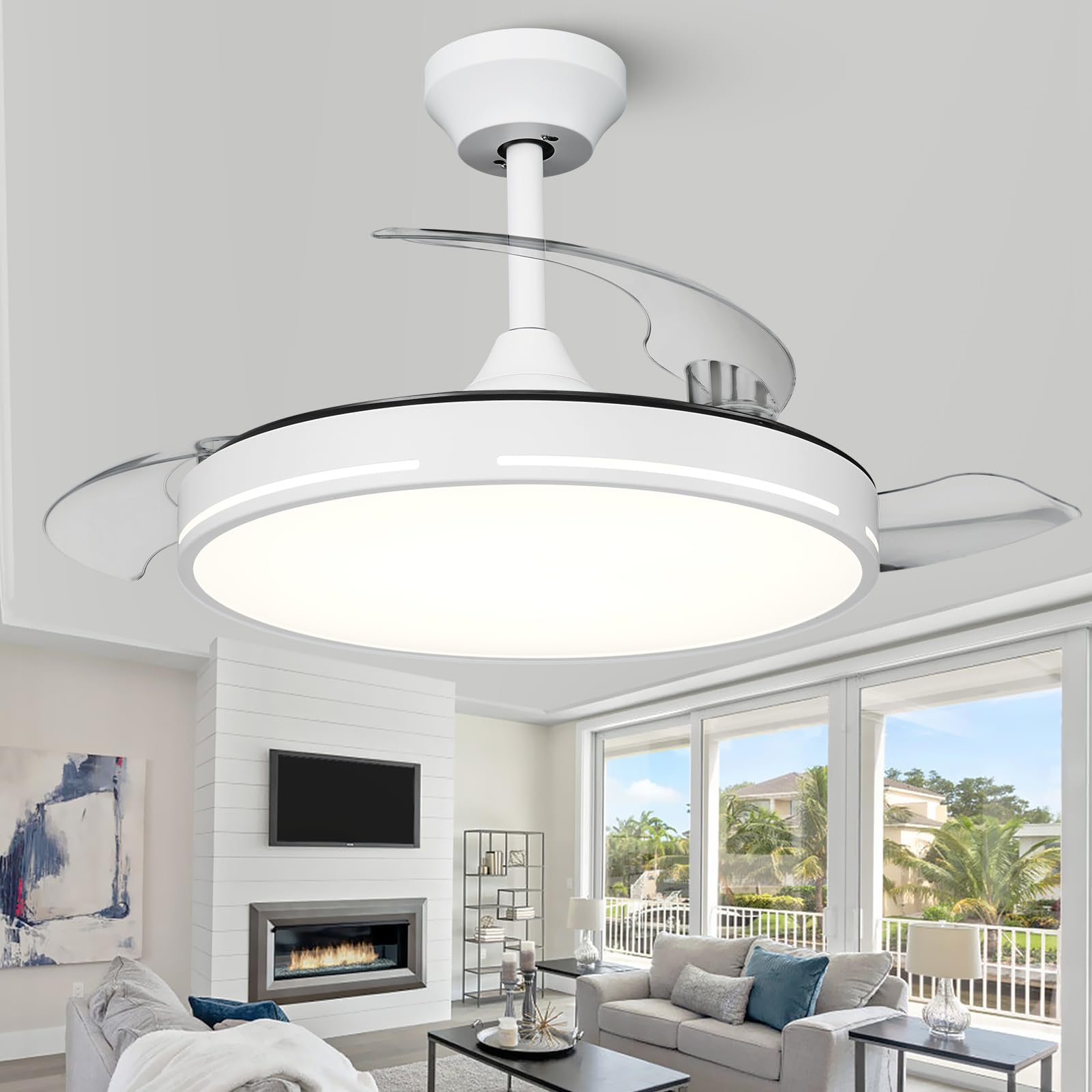 42 inch Retractable Ceiling Fan with Light and Remote, Full Spectrum Ceiling Fan, White Modern Fandelier with LED Memory Light Retractable Blades DC Motor for Bedroom Living Dining Room