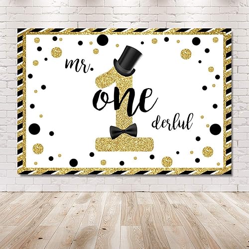 Miniatura 6 de MEHOFOND Mr Onederful - Fondo de cabina de estudio fotográfico negro y dorado con purpurina dorada, sombrero negro, pajarita para decoración de