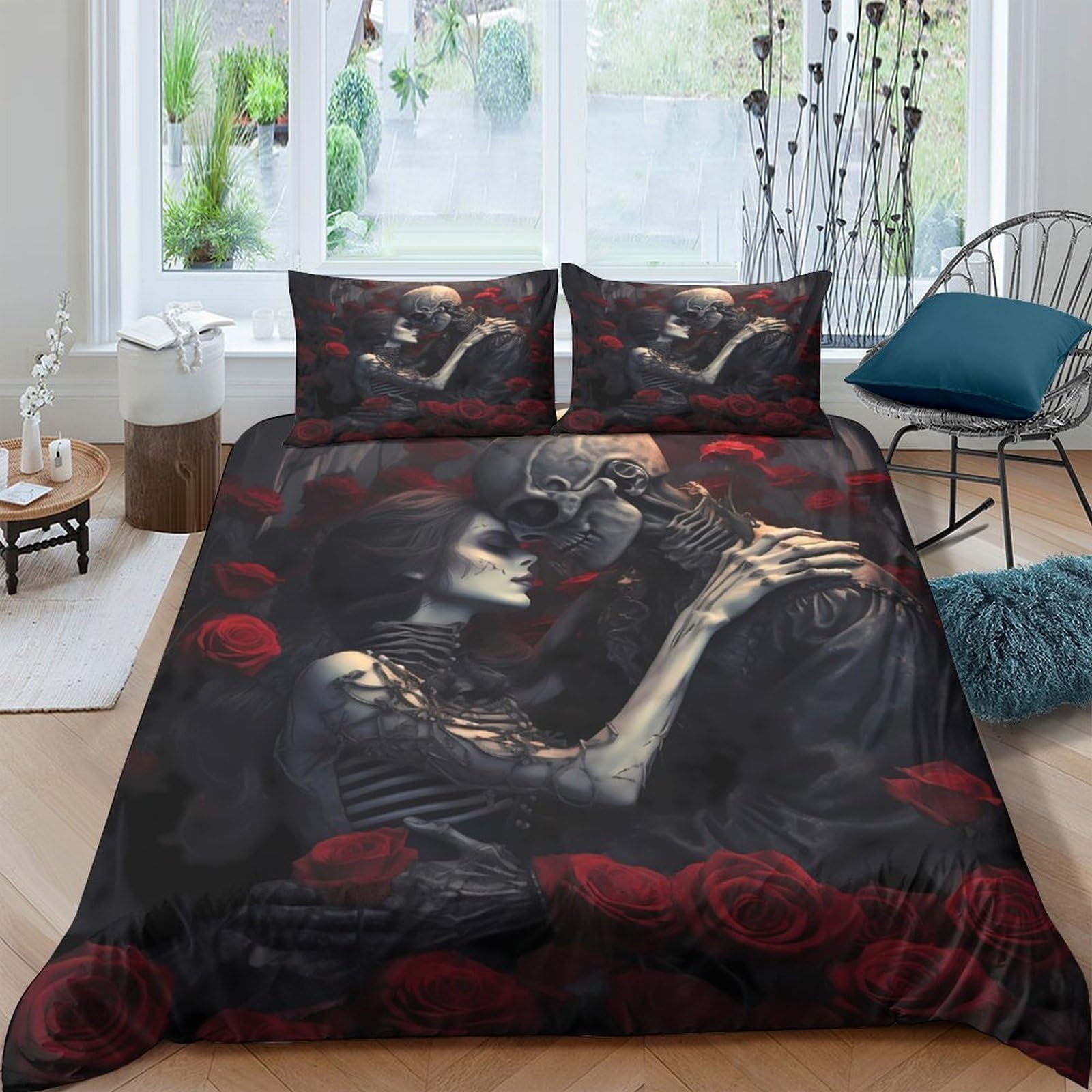 Ctjqhvkz Style-1 3D Printed Gothic Skull Fitted Sheet Microfiber Soft Rose Pattern Mattress Cover For Bedroom Guest Room Decor Single（135X200cm）
