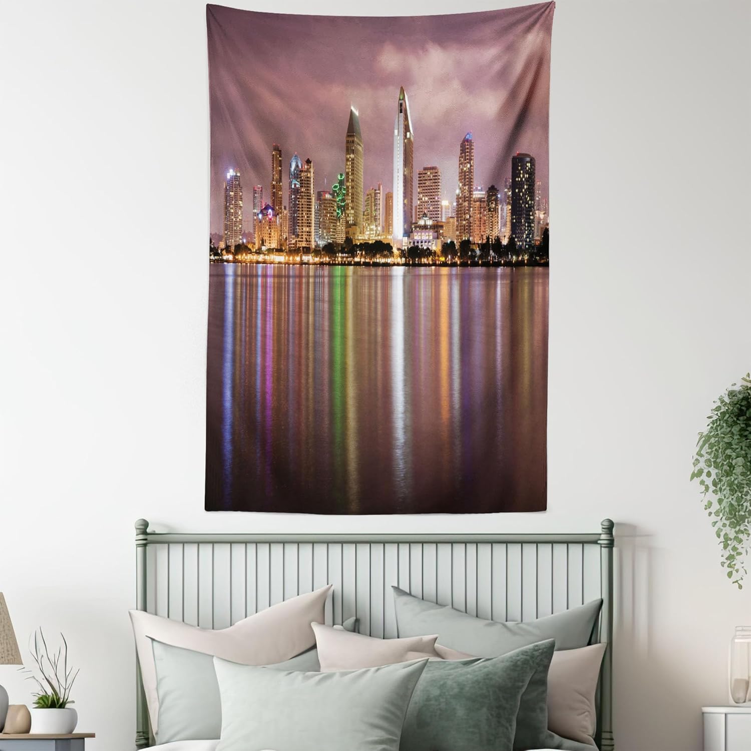 Lunarable USA Tapestry Queen Size, Clouds Look Ominous Over San Diego California Riverside Mirror Panoramic, Wall Hanging Bedspread Bed Cover Wall Decor, Queen Size, Dried Rose