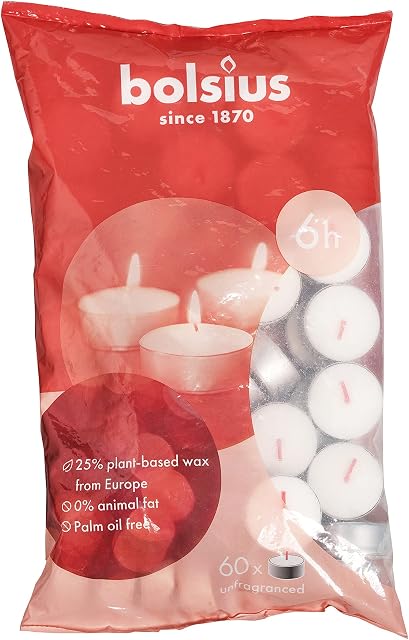 Bolsius Tealight Candles - White - Pack of 60 - Long Burning Time of 6 Hours - Household Candle - Interior Decoration - Unscented - No Drip - Smokeless - Natural Vegan Wax - No Palm Oil