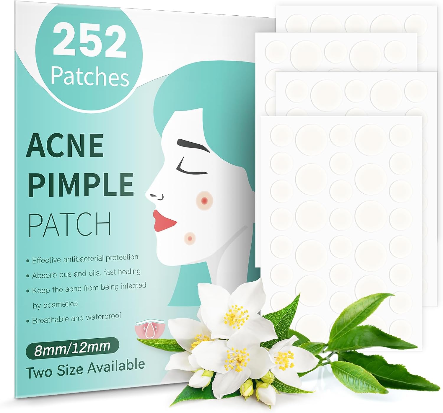 Acne Absorbente – Pimple Patches Hydrocolloid met Tea Tree Oil voor puistjes op het gezicht, anti-puistjes patches voor dag en nacht, 2 maten (8 mm/12 mm), 252 stuks.