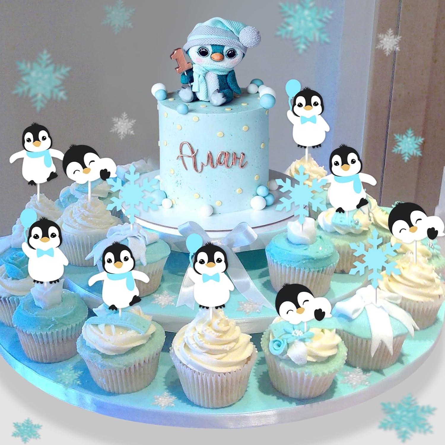 Penguin Cake Toppers 24 PCS Blue Winter Penguin Party Decoration Penguin Birthday Party Decors Arctic Animals Birthday Party Supplies Penguin Baby Shower Decors Winter Onederland Supplies