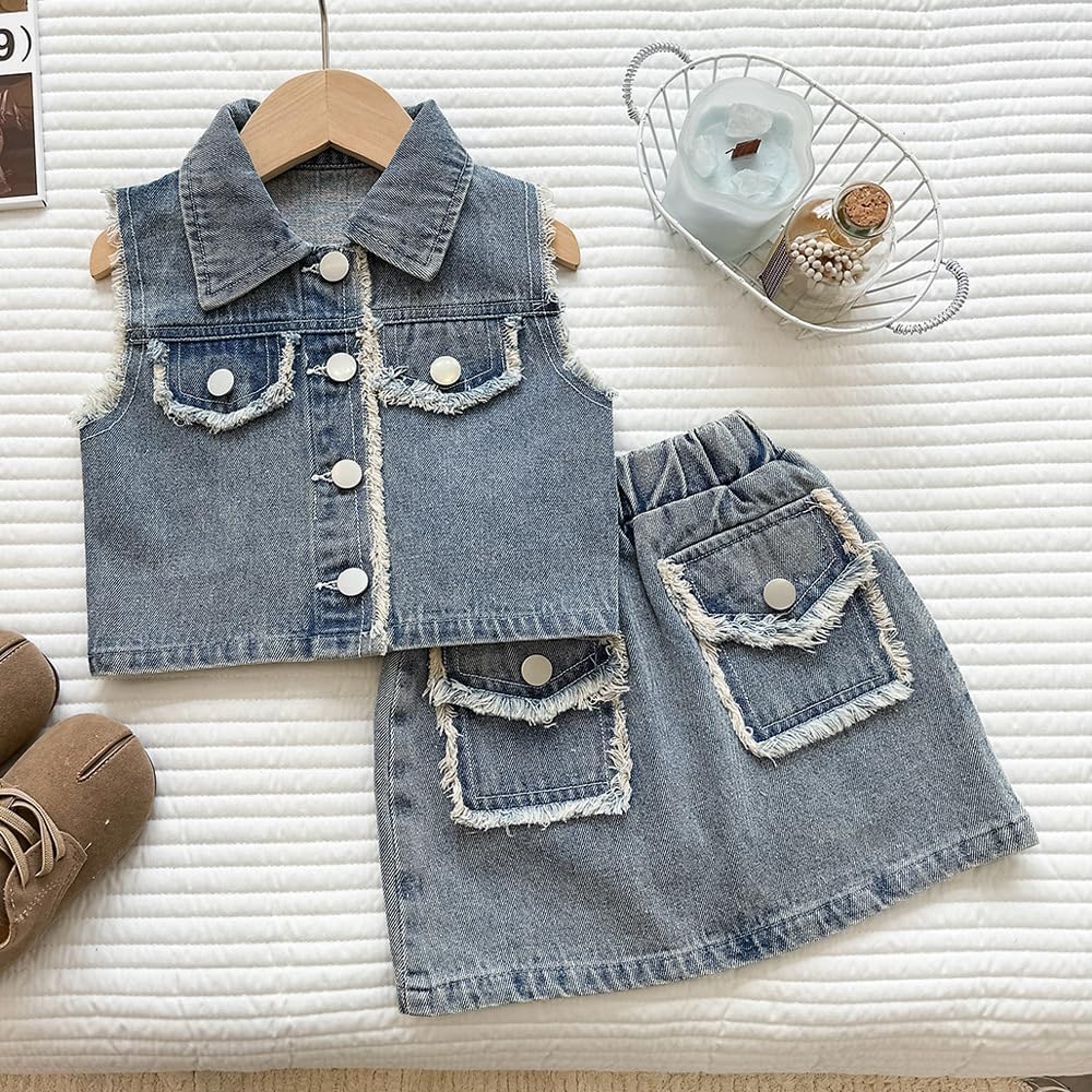 Deerhobbes Design your own Girls 2 Piece Denim Outfit – Jean Vest and Skirt Set, Casual Summer Clothes for Kids