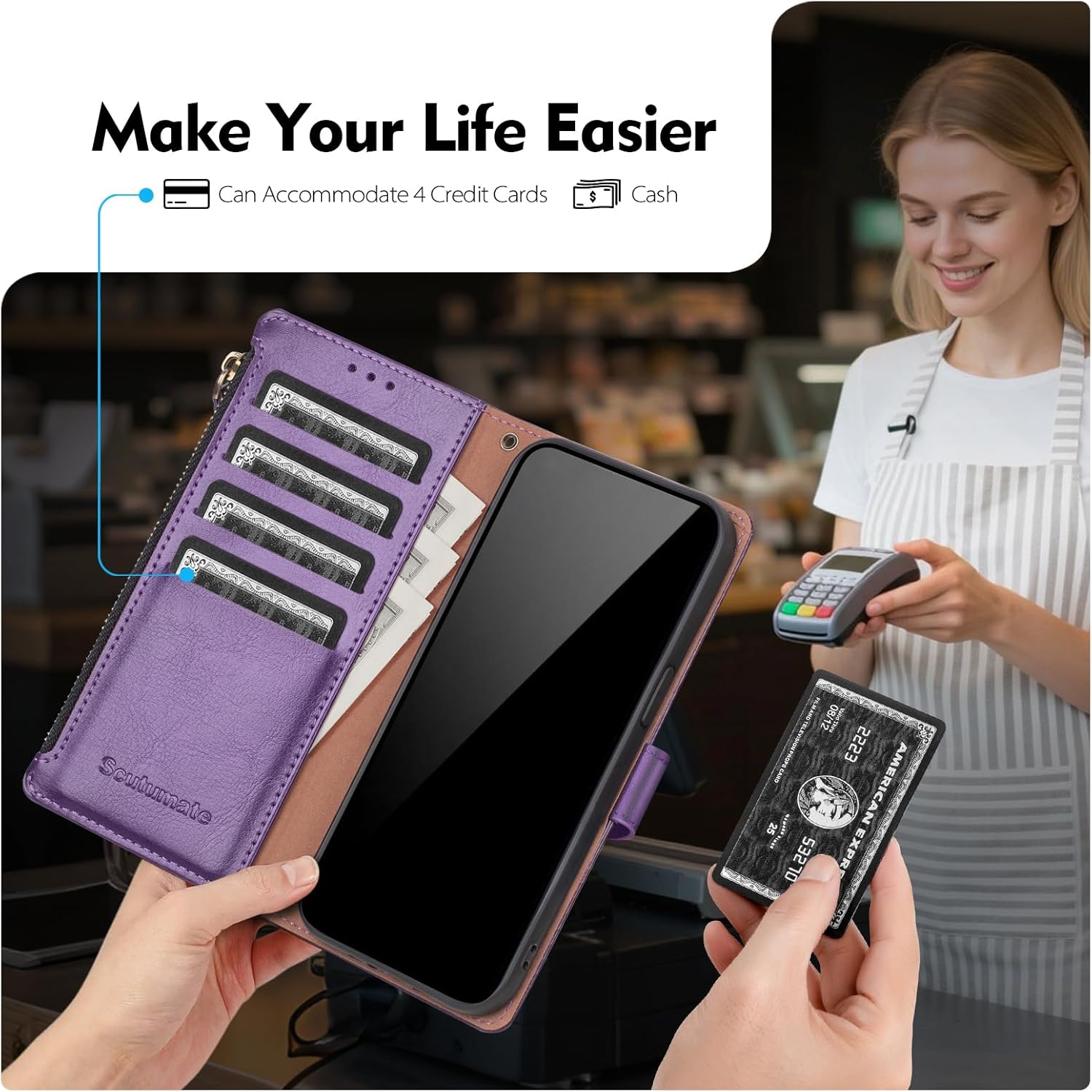 Compatible with Samsung Galaxy S24 Ultra 5G Wallet Case with Card Holder RFID Blocking Zipper PU Leather Phone Case Flip Protective Cover Wrist Strap Credit Card Slots Men Women,Dark Purple - Image 2