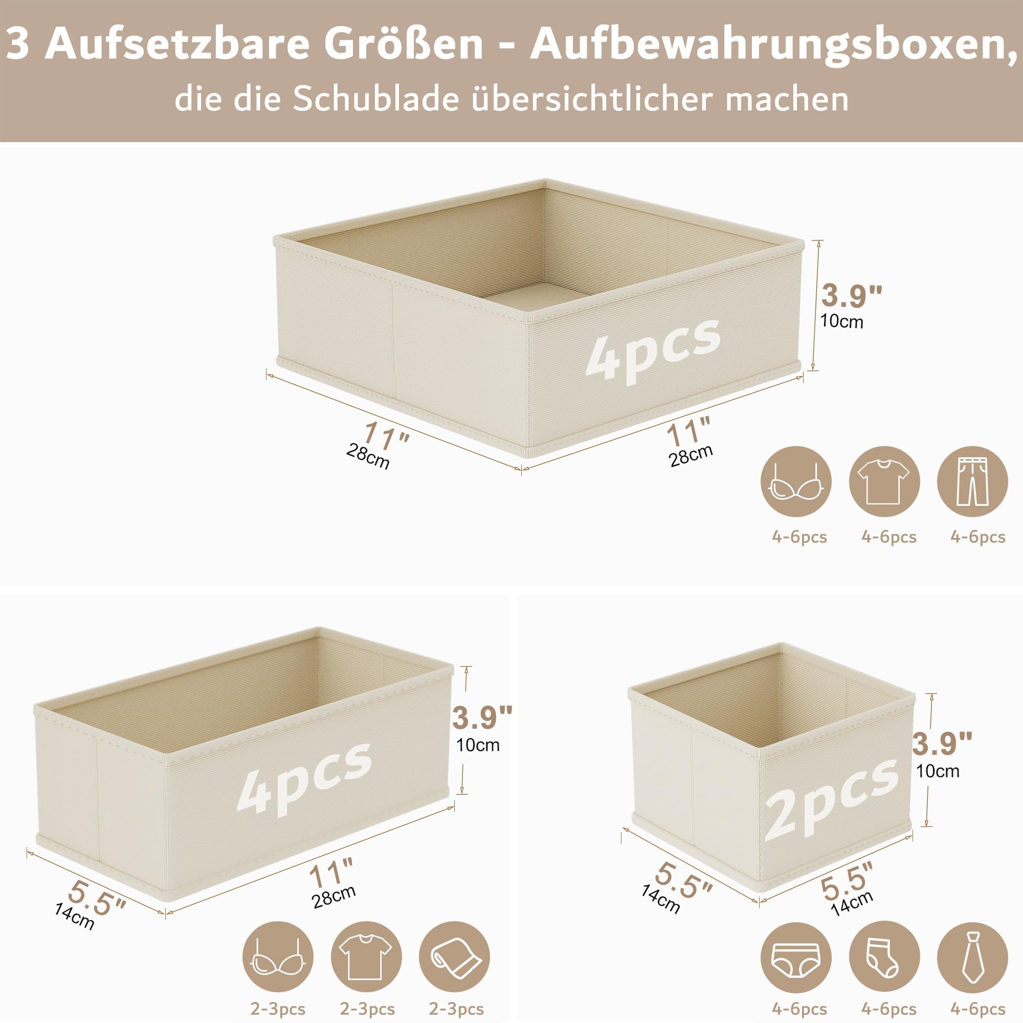 10er Set Schubladen Organizer faltbar, Unterwäsche Organizer,Ordnungssystem Kleiderschrank, Aufbewahrungsbox Schrank, Stoffboxen Aufbewahrung, für BHs Socken Krawatten, Beige