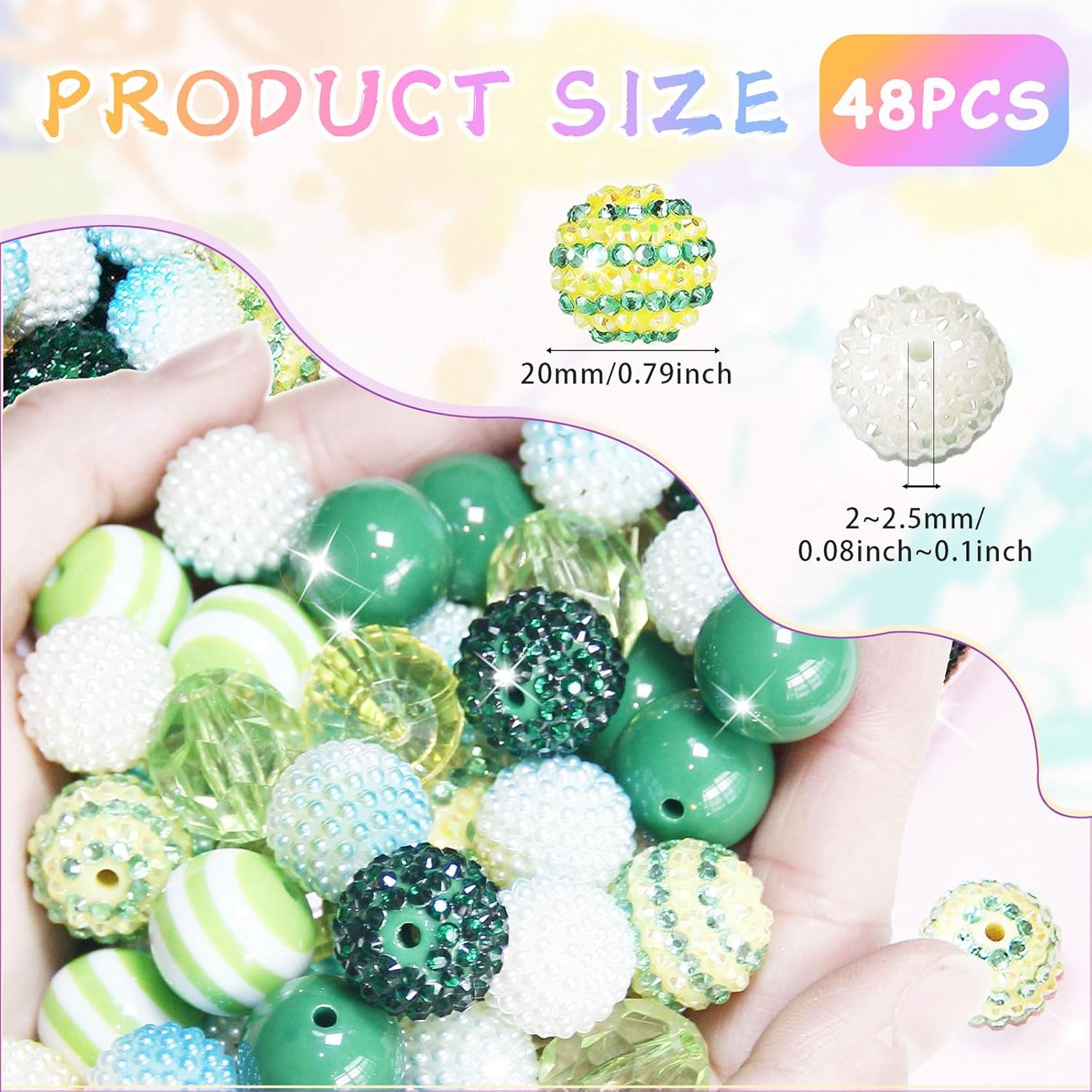 48 Pcs 20mm Beads for Pens Rhinestone Bubblegum Bead Green Crystal Acrylic Round Chunky Bead Sparkly Craft Large Balls Beads for Pen Beadable Keychain Bracelet Necklace DIY Jewelry Making Supplies - Image 2
