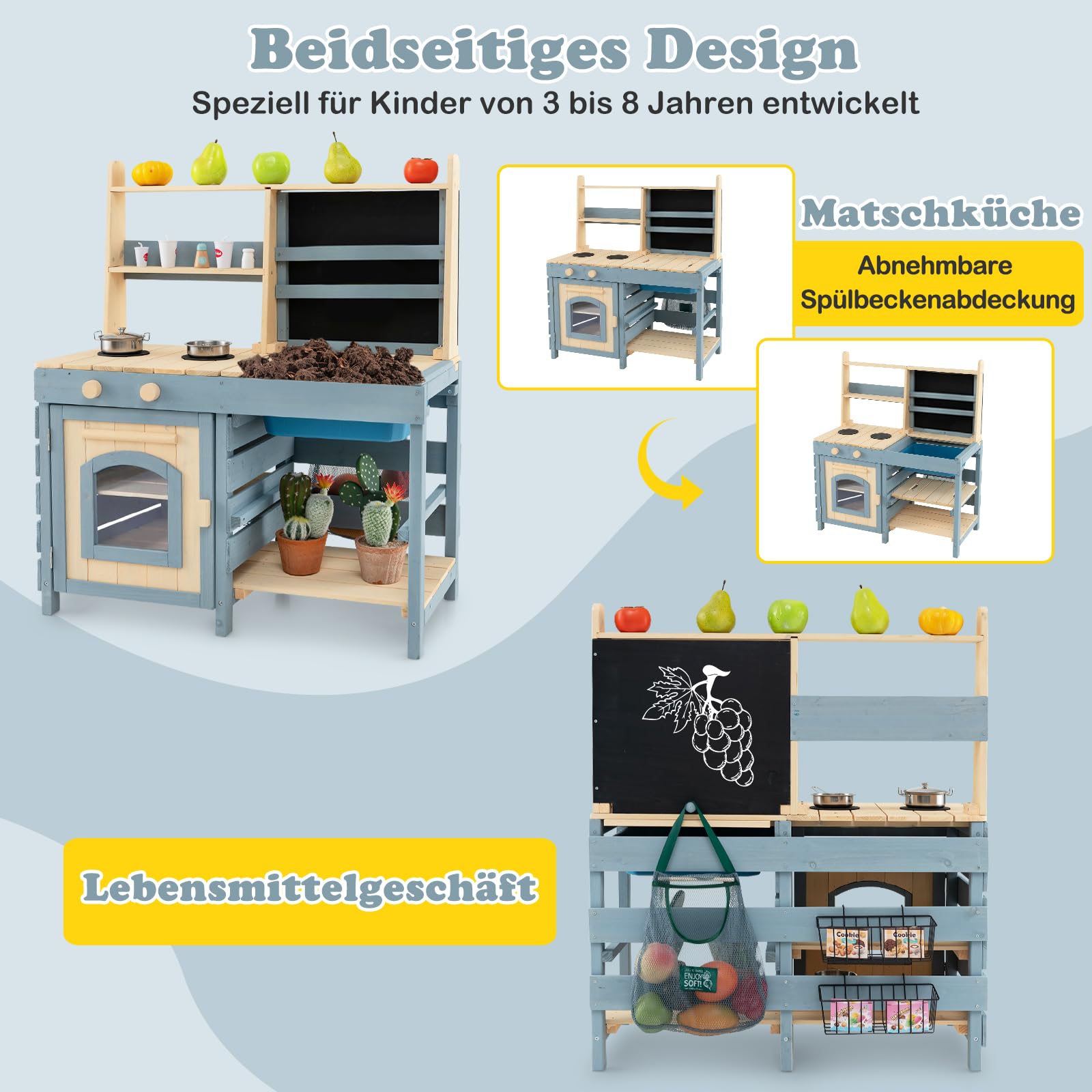 COSTWAY 2 in 1 Kinderküche & Kaufladen, Matschküche Outdoor Kinder, mit Tafel, Metallkörben, Aufbewahrungstasche, Wasserhahn & Waschbecken, Spielküche Holz, Holzküche für Kinder ab 3 Jahren