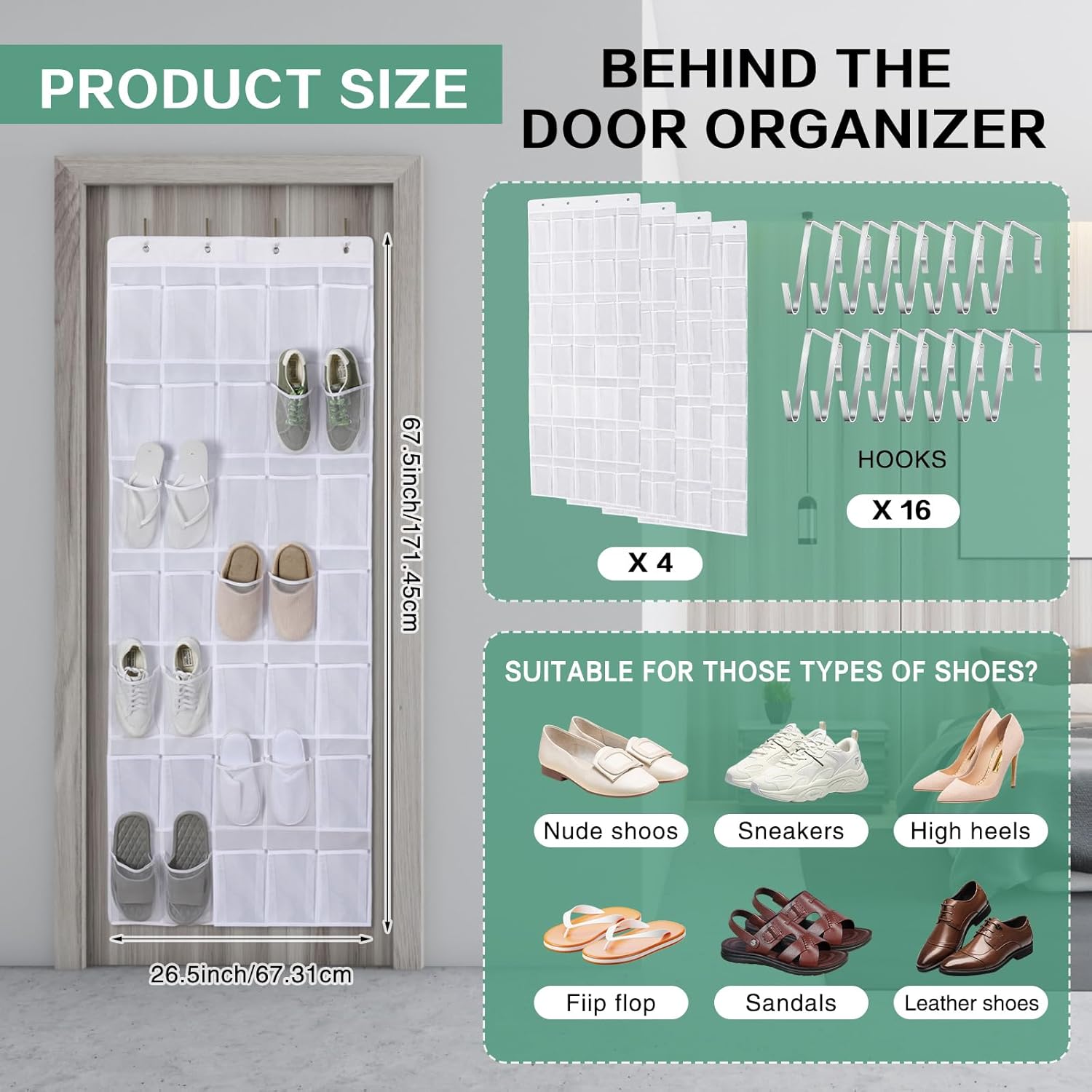 即日発送 大人気CroBlissful ドア掛けシューズオーガナイザー 4個 35ポケット ドア用 吊り下げ式靴オーガナイザー メッシュ35個付き  レースアップ