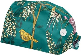 2 Pieces Working Hat with Buttons Adjustable Sweatband Bouffant Hats Unisex Tie Back Hats Flower Birds Spring