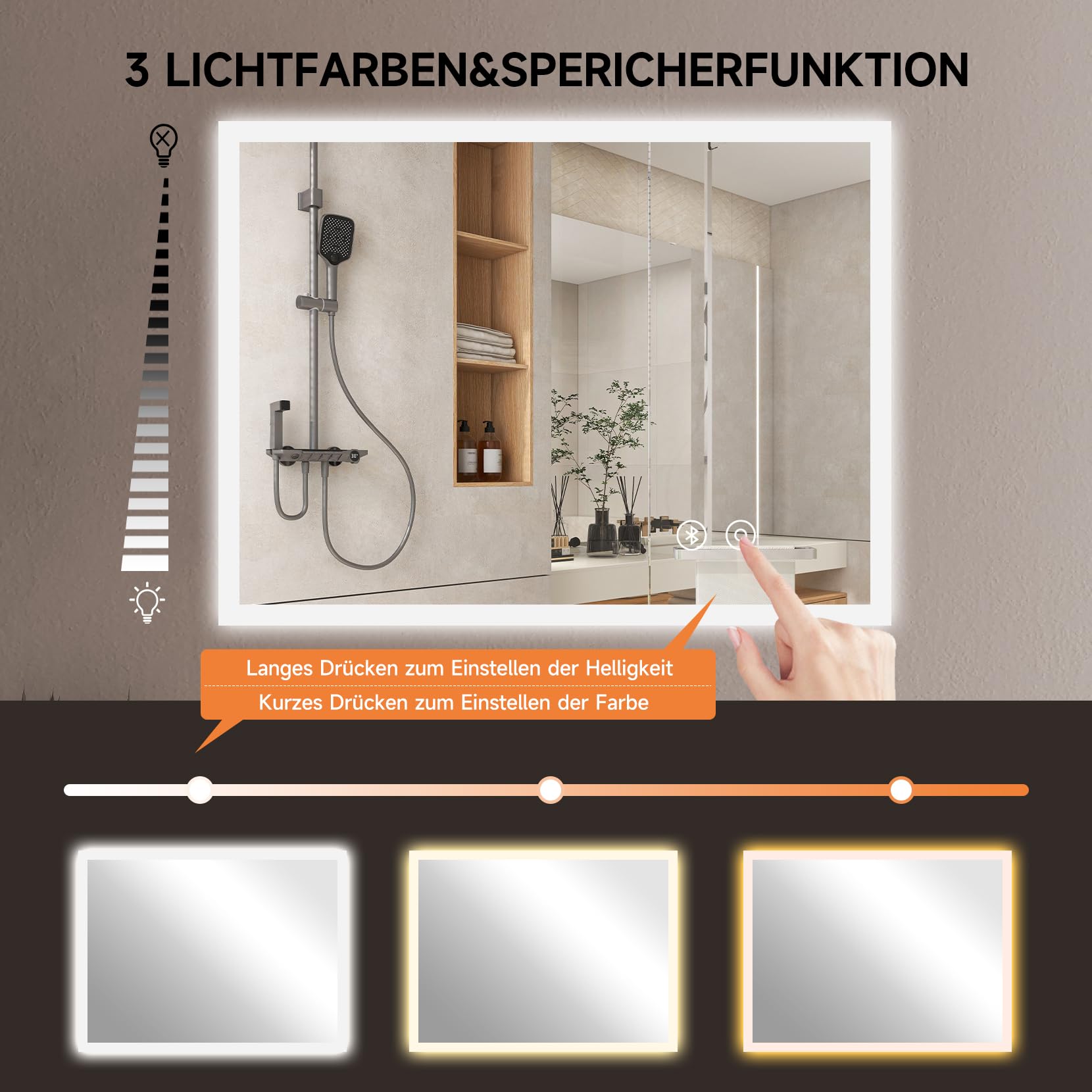 YOLEO Specchio da Bagno con Luce, Specchio a LED con Bluetooth, Specchio Bagno con Presa di Corrente, Antiappannamento, 3 Colori di Luce Regolabili, 80x60cm