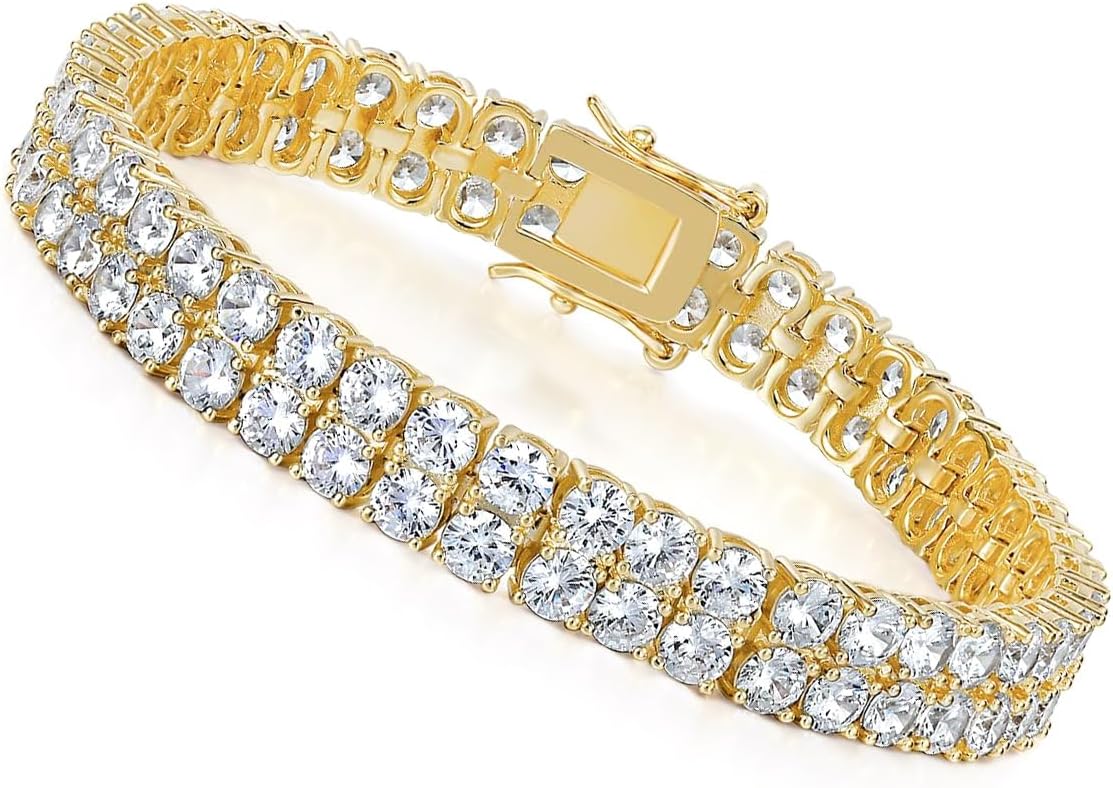Tennis Bracelet for Women|2 Row 3MM Simulate Diamond Bracelets|4-Prong-Setting CZ|18k White/Yellow Gold Plated Wedding Engagement Bracelet|Size 6-8.5 Inches