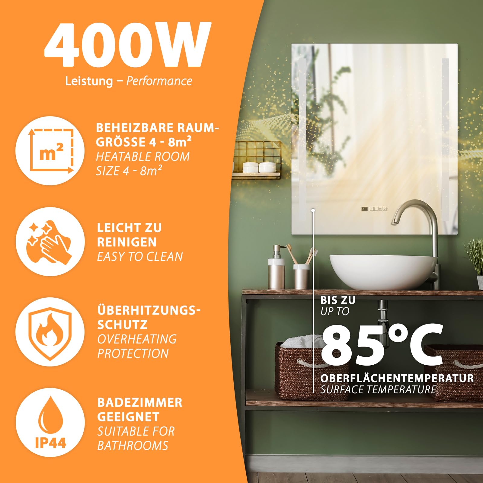 Infrarot Spiegelheizung Heizspiegel LM400-Pro 70x80cm 400W mit Beleuchtung, Tuya Smart App, Antibeschlag Spiegel optimal für Bad, Badezimmer