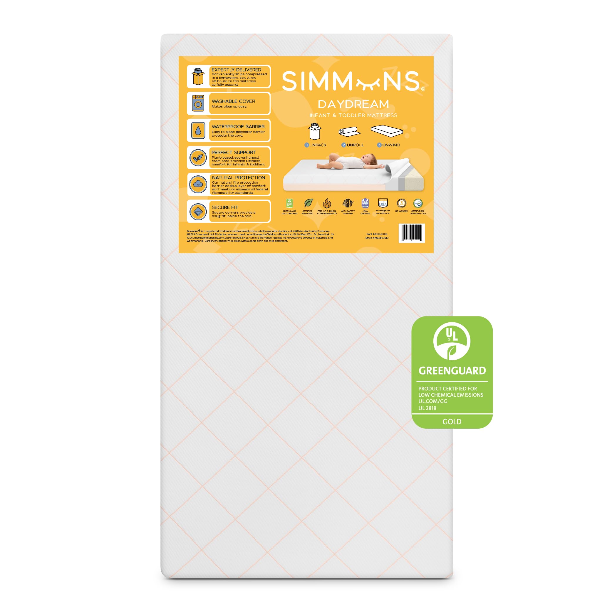 Simmons Kids Daydream 2-Sided Crib and Toddler Mattress GREENGUARD Gold Certified, CertiPUR-US Certified Foam, Breathable Machine Washable Cover, Waterproof Barrier, Made in USA, White