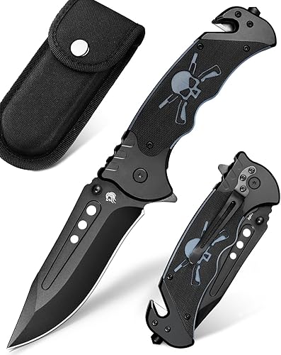 NedFoss GRIZZLY - Cuchillo de bolsillo táctico plegable con rompedor de vidrio y cortador de cinturón de seguridad, mango único de calavera G10,