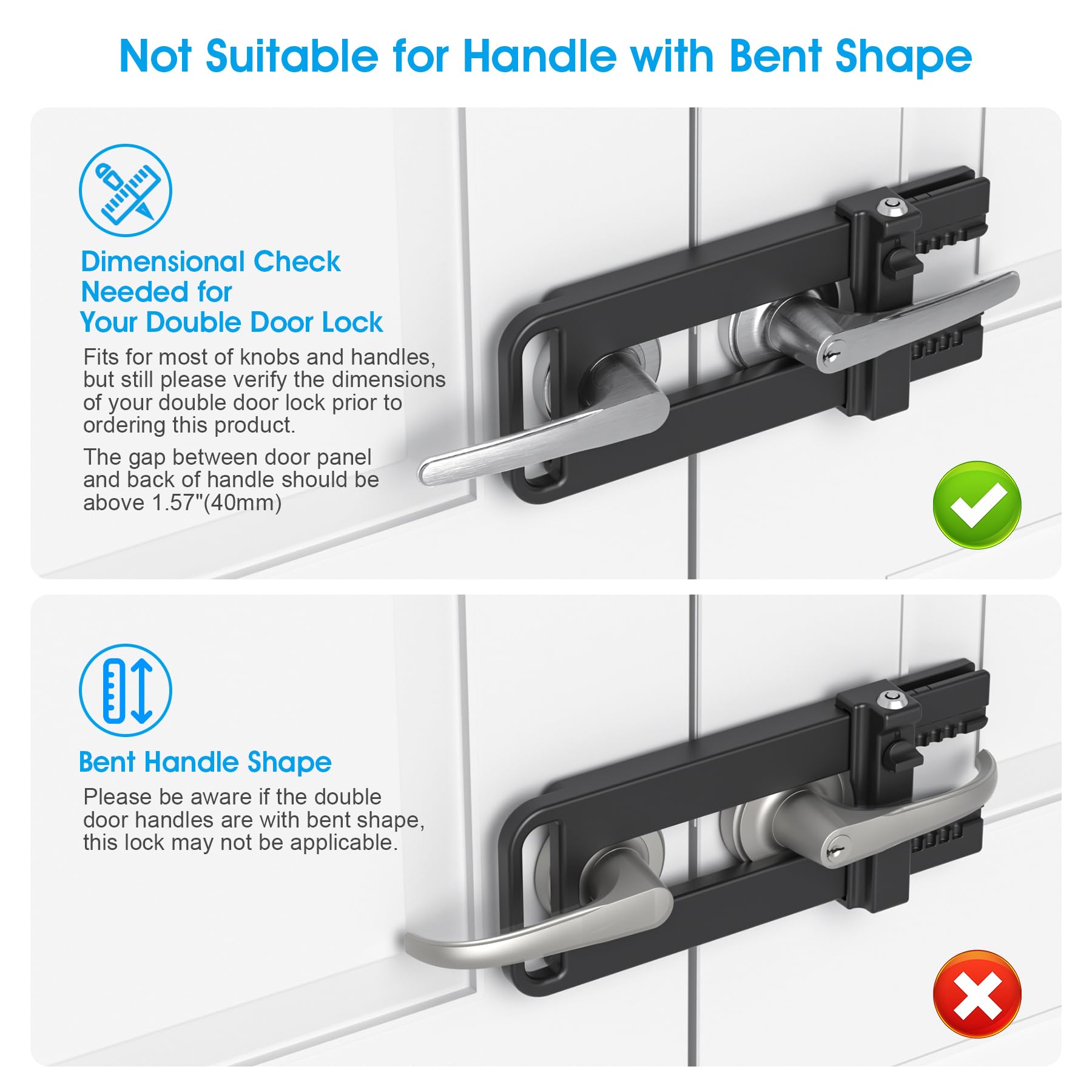 French Door Reinforcement Lock – Adjustable Double Door Security Barricade, Unibody Stainless Steel, 3 Pin Slots, Fits Most Handle Sizes