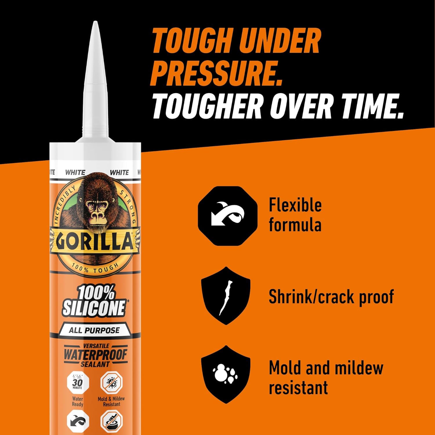 Gorilla 100% Silicone Waterproof Caulk, All‑Purpose Sealant, Mold & Mildew Resistant, Flexible Seal, White, 10 oz Cartridge (Pack of 1)