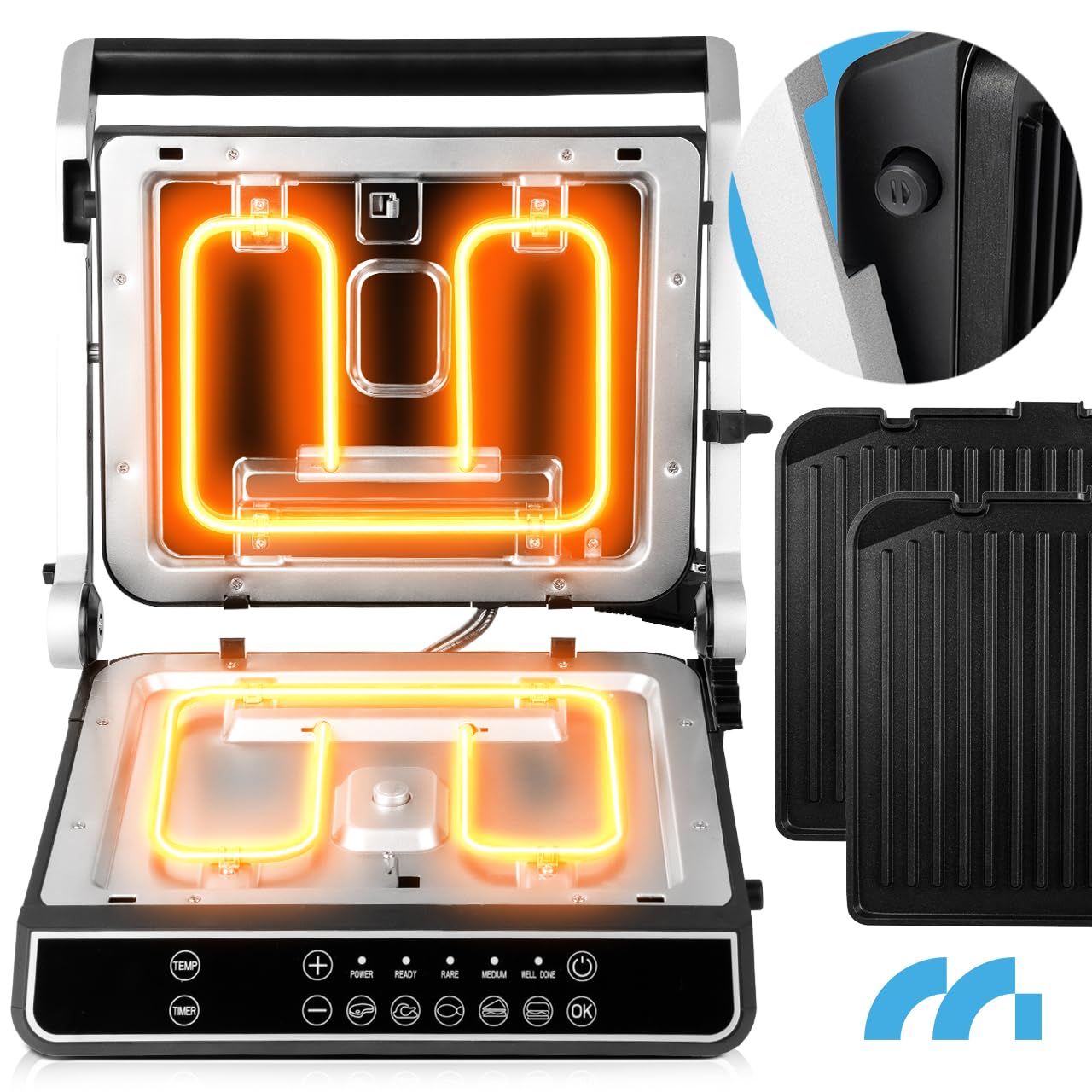 MalTec Grill kontaktowy z tacką na ścinki, SM5000W-PRO grill elektryczny 2500 W, opiekacz do kanapek Panini, 3 stopnie smażenia, 5 programów, zdejmowane płyty