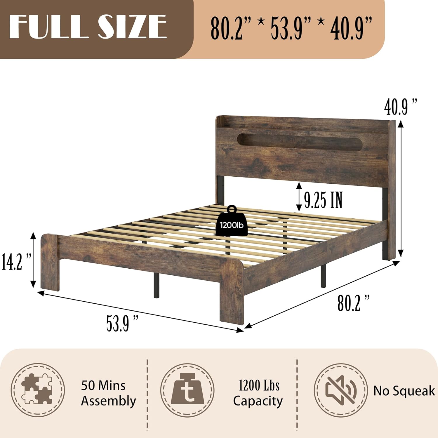 Diagram showing the dimensions of the Full Size Wooden Bed Frame: 80.2 inches length, 53.9 inches width, 40.9 inches headboard height, and 14.2 inches under-bed clearance.