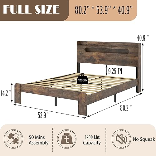 Miniatura 2 de SAMTRA Base de cama matrimonial con cabecero de madera y plataforma de madera, cama rústica con soporte de listones de madera, resistente y sin