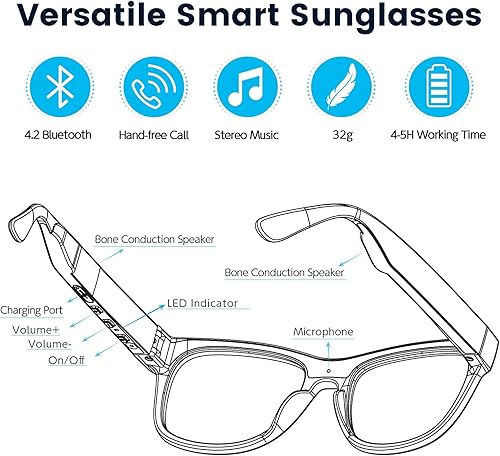 Miniatura 5 de Lentes inteligentes de conducción ósea Bluetooth con auriculares abiertos, lentes fotocromáticos de bloqueo de luz azul, IPX6 impermeable, llamadas