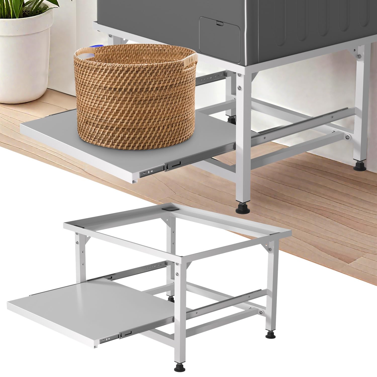 Herrselsam Base per lavatrice con ripiano estraibile, altezza 42 cm, piedini regolabili in altezza e assorbimento del rumore, base per lavatrice con cassetto estraibile a 3 livelli, portata 150 kg