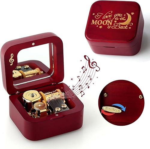 Miniatura 10 de JYmusic Natural Solid Wood Clockwork Square Note Octave Box with Pause and Play Function, Gift for BirthdayMother's DayChildren's DayValentine's