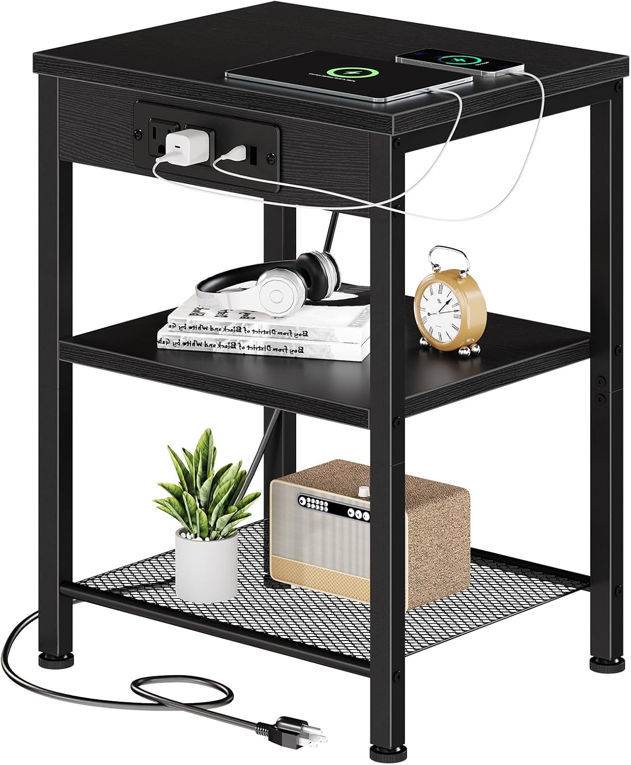 DUMOS 15.7" Small Side Table with Charging Station, End Table with Outlets & USB Ports, 3-Tier Adjustable Storage Nightstand for Living Room, Bedroom, Small Spaces, Record Player Stand, Black