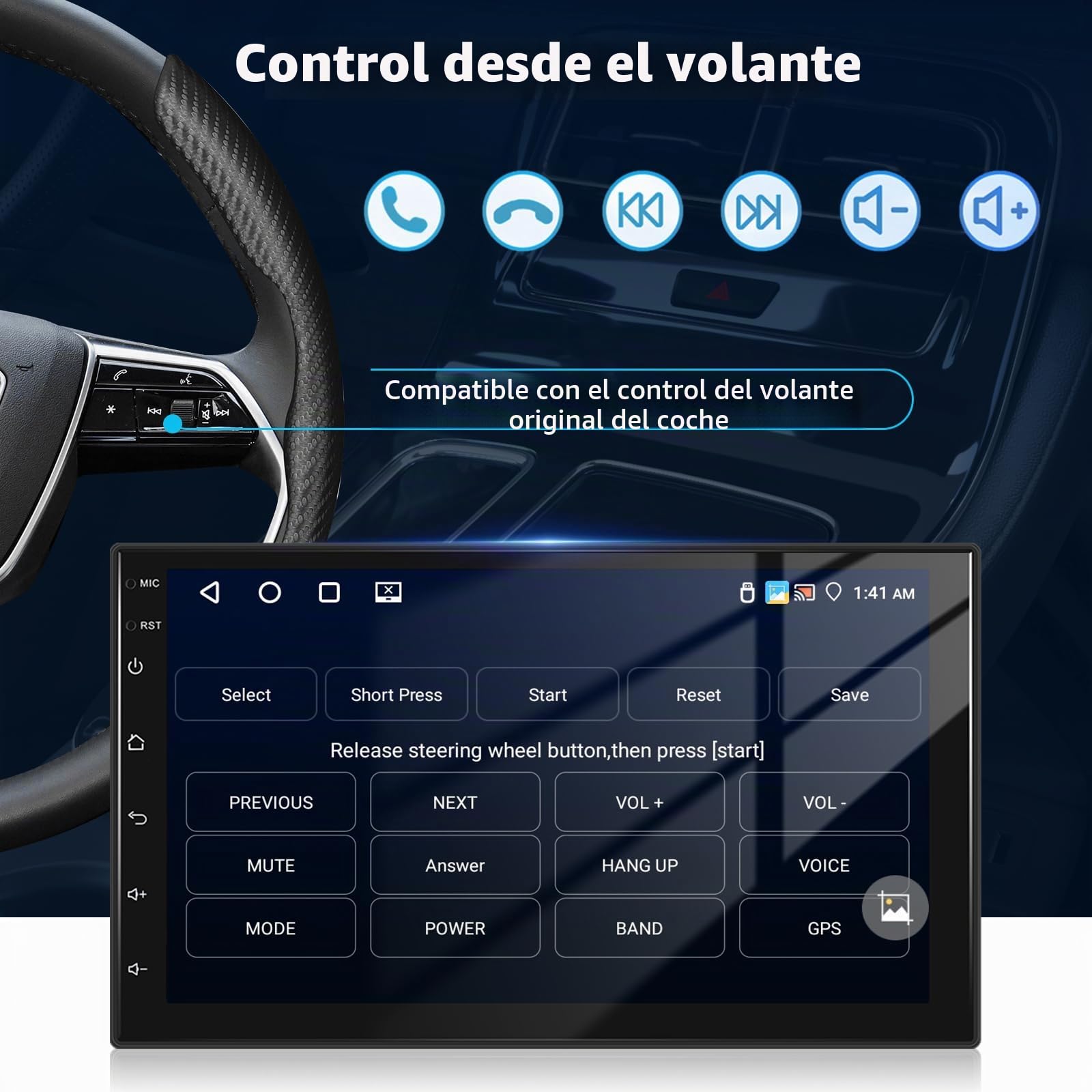 Autorradio Estéreo 2 DIN Motorsi [4+64 GB] con Android 15.0, Pantalla Táctil HD de 7 Pulgadas, Bluetooth 5.0, GPS, WiFi, FM, RDS, EQ, Doble USB y AHD, Cámara y Micrófono