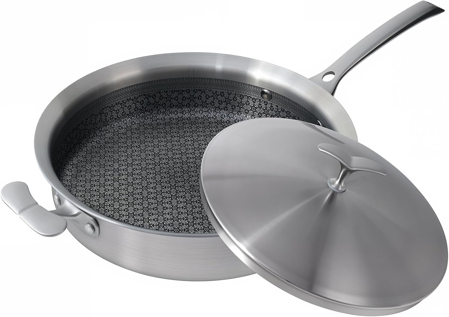12 Inch Frying Pan with Lid, Tri-ply Stainless Steel Saute Pan, Non Stick Pans, Non Toxic Frying Pan, 5.2 QT Deep Skillet PTFE&PFOA Free, Induction, Oven & Dishwasher Safe