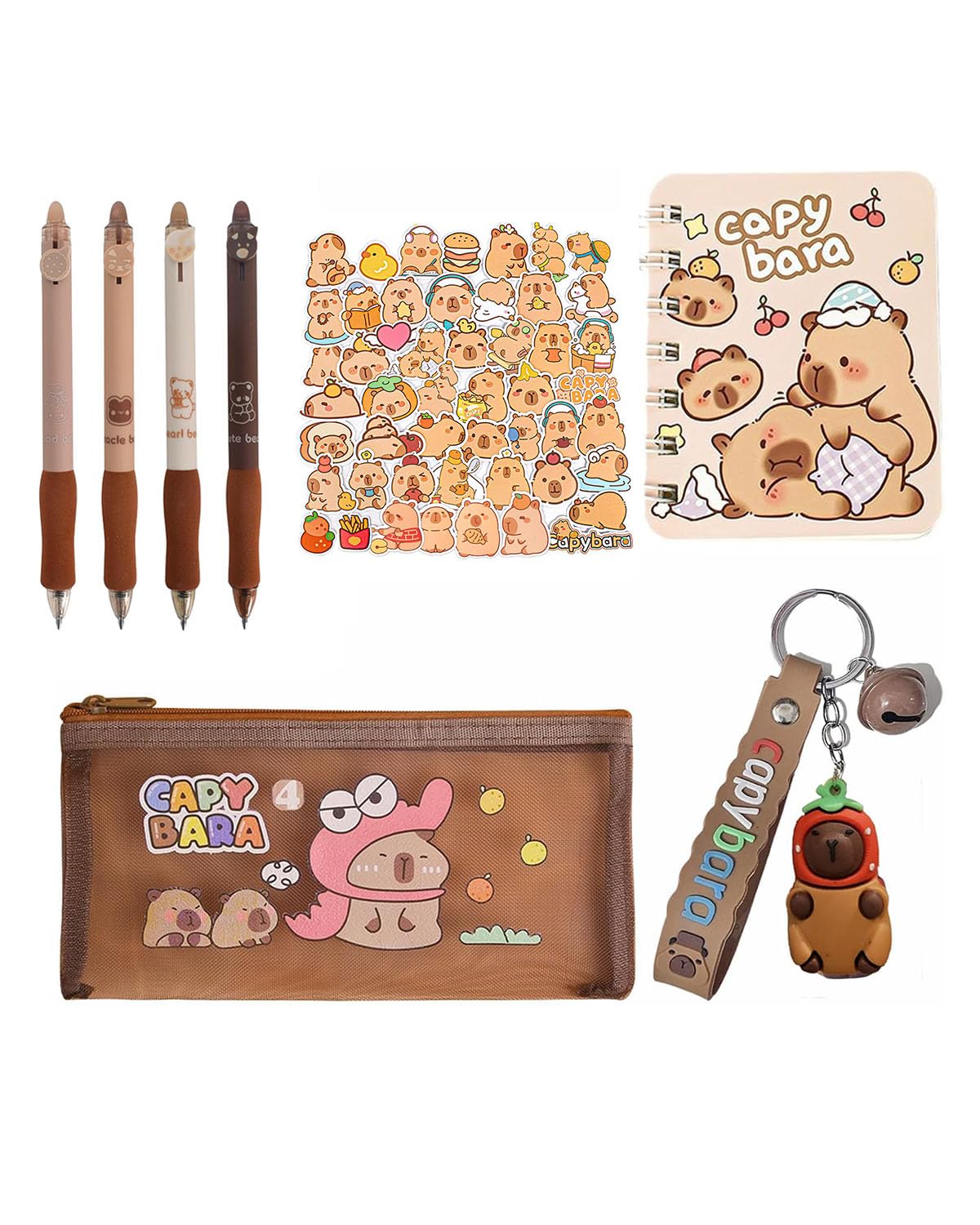 Capybara Stationery Set, Cute Capybara Pencil Case Kit, 1 Pack with 4 Pens, 1 Spiral Notebook, 50 Stickers, 1 Pencil Bag, 1 Keychain, Perfect for School, Office, Travel, and Home Use, Pencil Cases-image-35