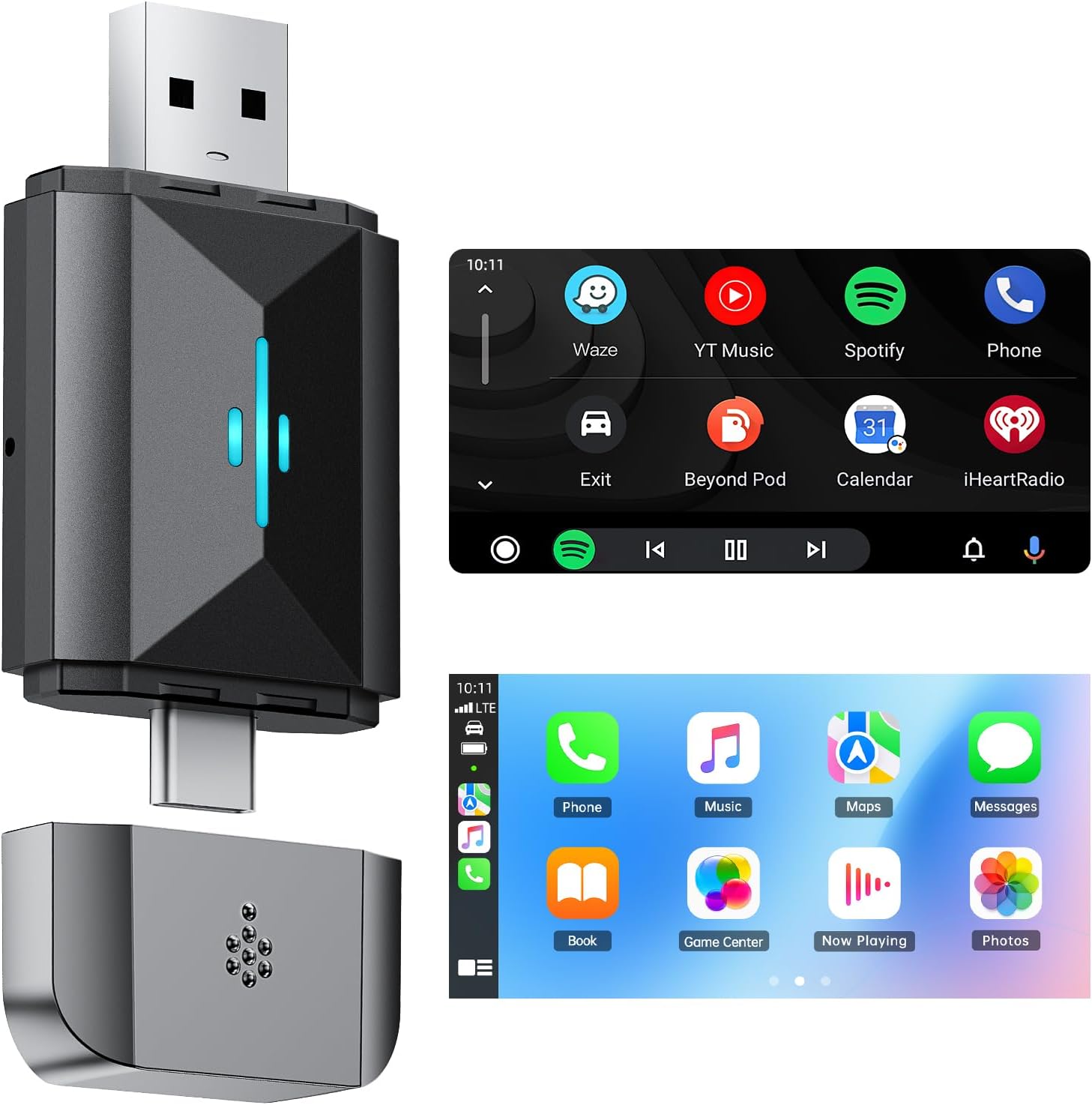Volam 2024 Upgrade 2 in 1 Wireless CarPlay & Android Auto Adapter Box, Converts Factory Wired to Wireless for Cars from 2016, Type-C/USB, Plug & Play