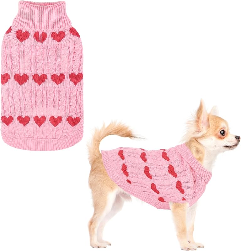 Suéter para Cães KOOLTAIL com Gola Alta e Estampa de Corações em Tricô Rosa, Tamanho S